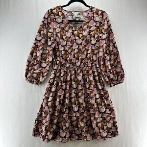 Nine West Mini Dress Women Sz S V-Neck 3/4 Sleeves Elastic Waist Floral Tan Pink